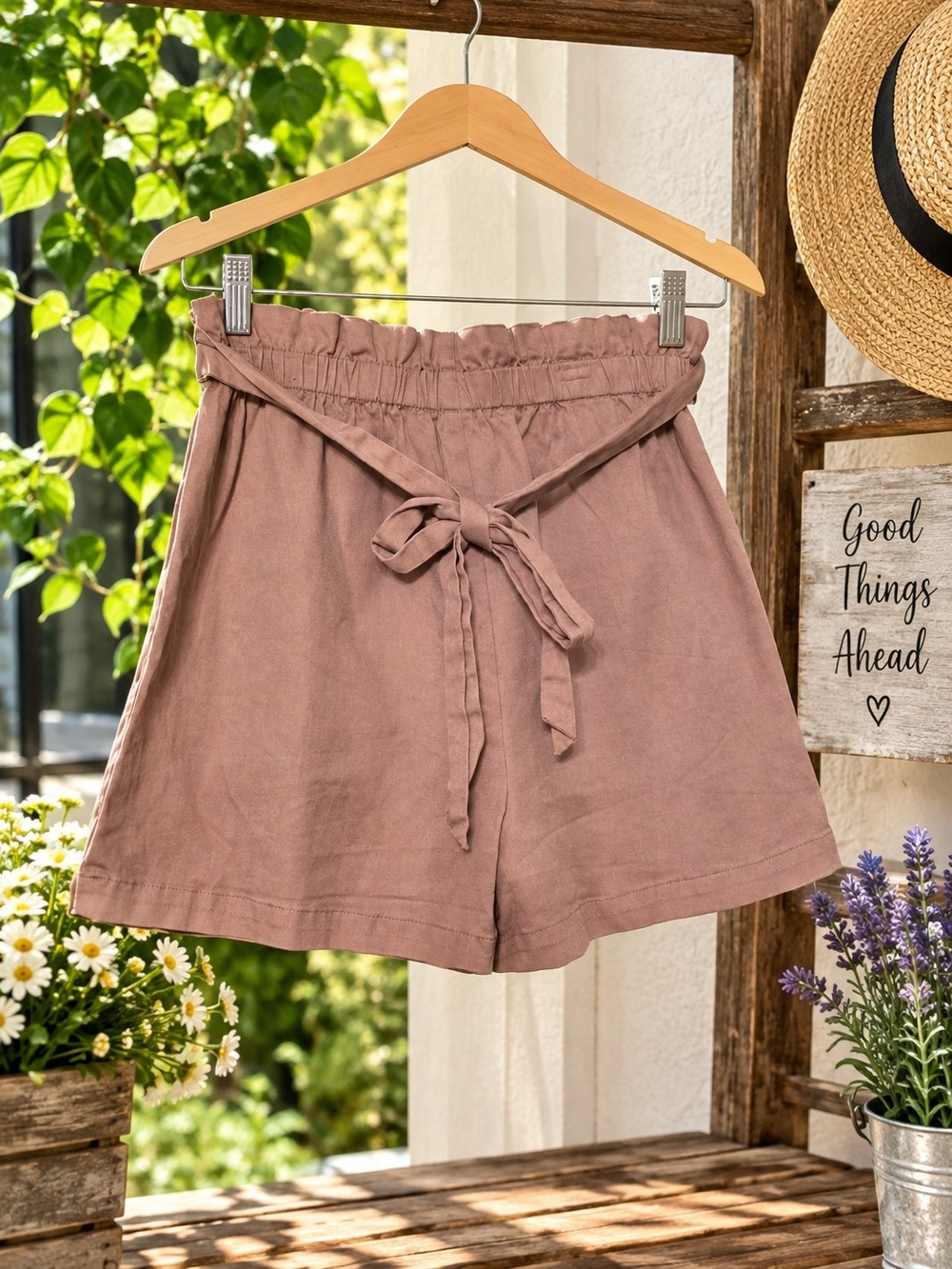 High-Waist Paperbag Tie-Waist Shorts in Mauve